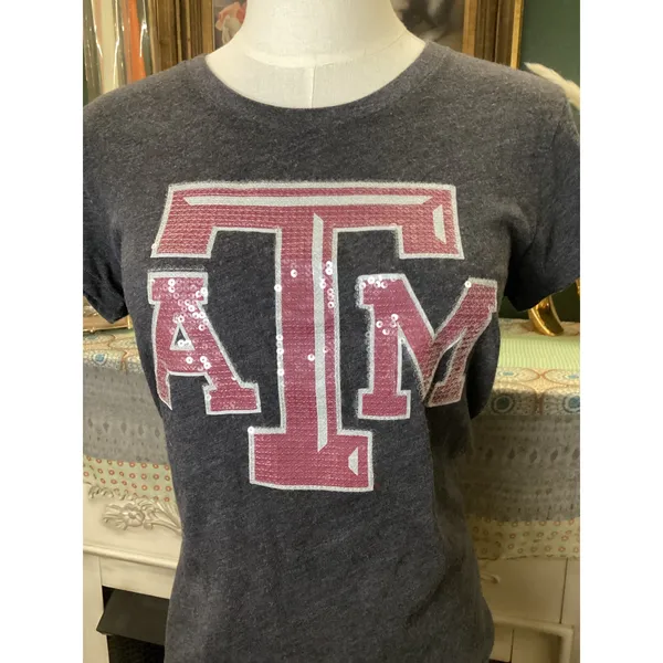 Victoria's Secret PINK Texas A&M Aggies Sequin Logo Tee Gray Maroon Medium - Image 2