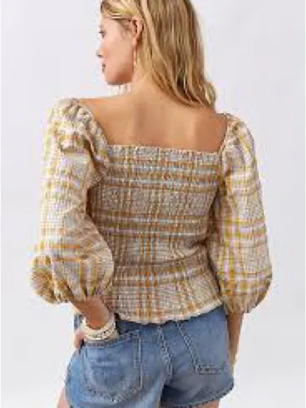 Maeve Anthropologie Plaid Square Neck Blouse Small Mustard NWT Puff Sleeve - Image 2