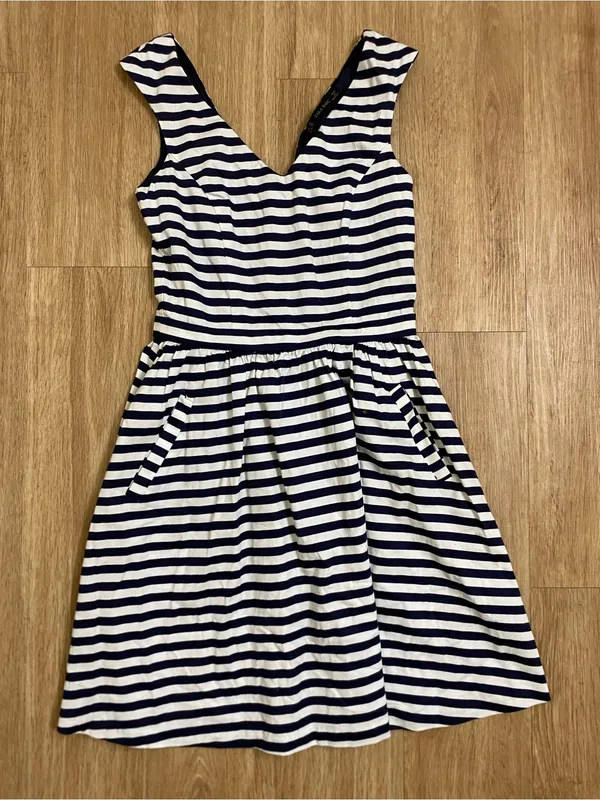 Zara Navy and White Striped V-Neck Mini Dress - Image 2