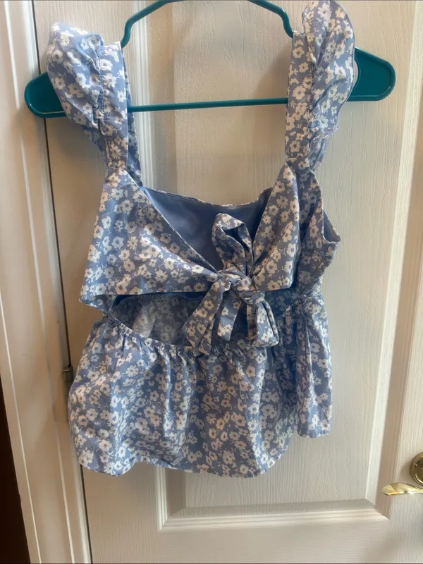 Altar'd State Blue and White Floral Ruffle Strap Peplum Top - Image 2