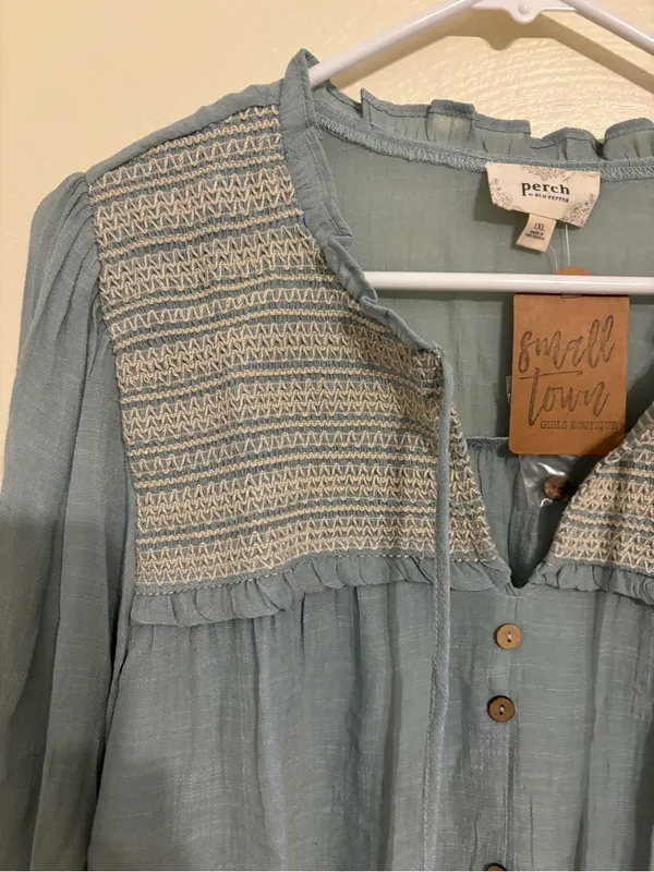 Perch by Blu Pepper Boho Peasant Blouse XL Blue Smocked Long Sleeve Cottagecore - Image 7
