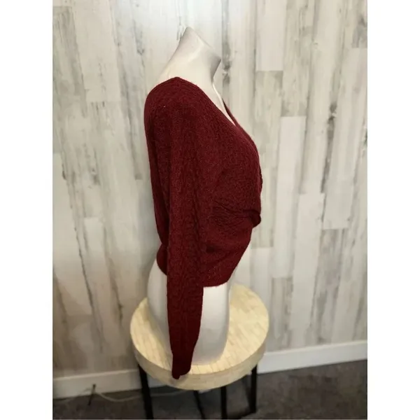 Burgundy Twist Front Waffle Knit Long Sleeve Sweater – Size Small - Image 3