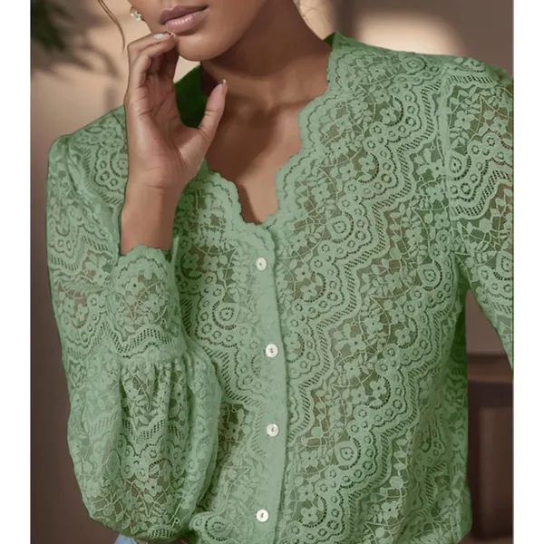 NEW Light Green Lace Tops Blouse Puff Long Sleeve V Neck Button Down M - Image 6