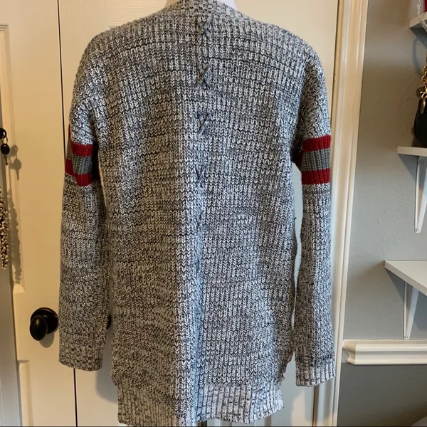 Gray Varsity Stripe Sleeve Cardigan - Image 3