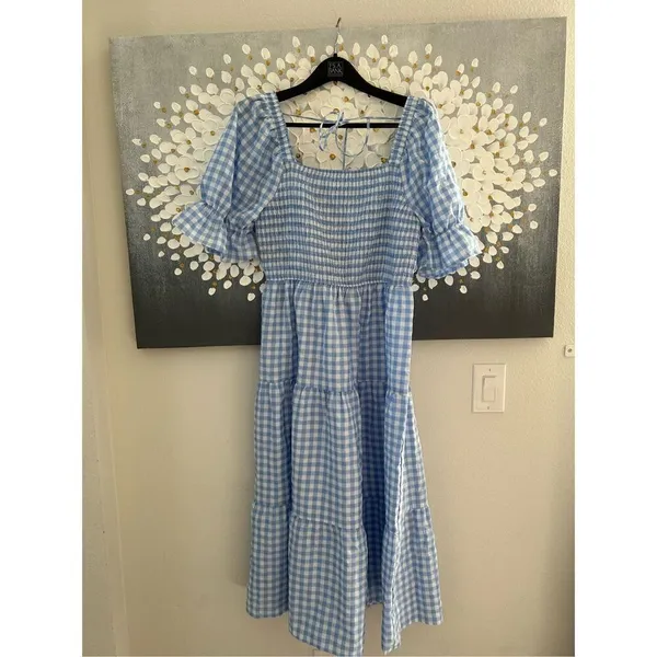 NEW Plaid Square Neck Puff Sleeve Ruffle Flowy Beach Midi Dress XL - Image 3