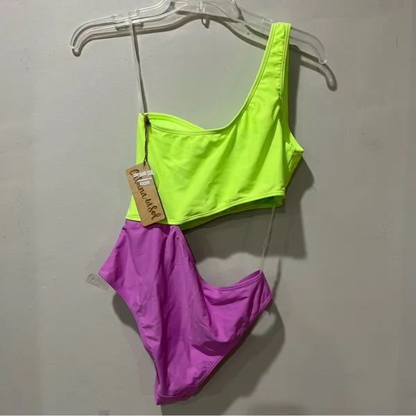 Cabana Del Sol swimsuit‎ one piece one shoulder Small Green Purple Bright NEW - Image 5