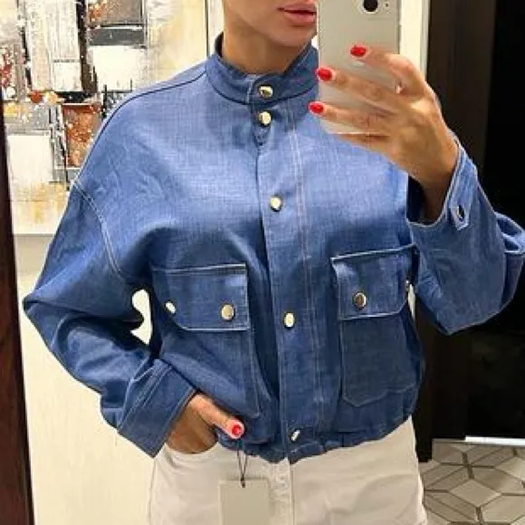 Zara NWT navy blue denim print pocket front bomber jacket - Image 4