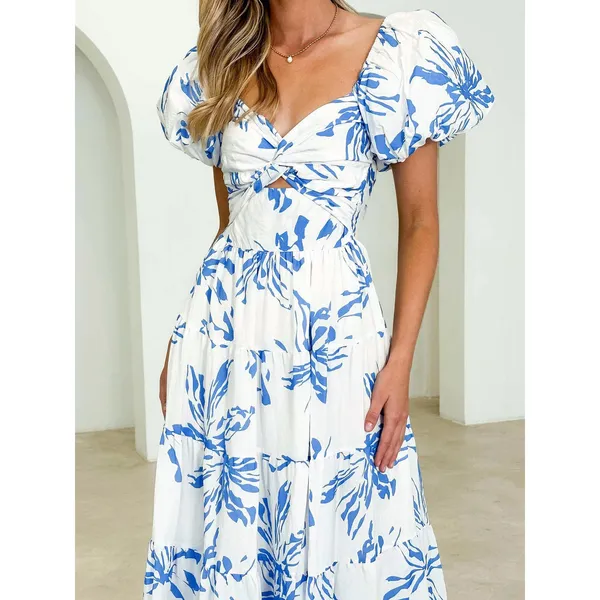 Commense Girly Cottage Fairy Puff Sleeve Twist Detail Midi Dress Blue M - Image 6
