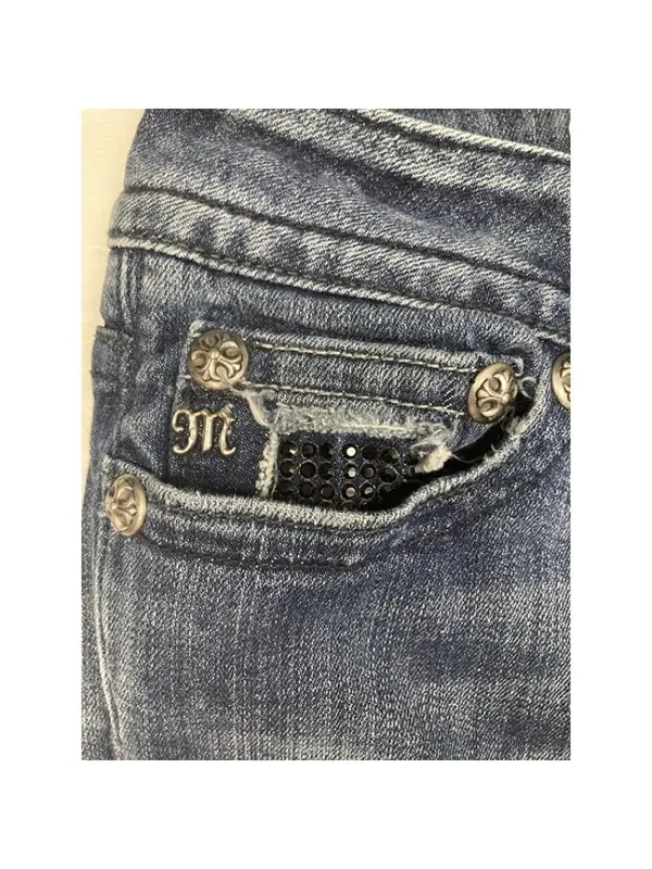 -Miss Me Boot Cut Denim Jeans Womens 29 Rhinestone Bling Flap Pocket Fleur de Li - Image 8