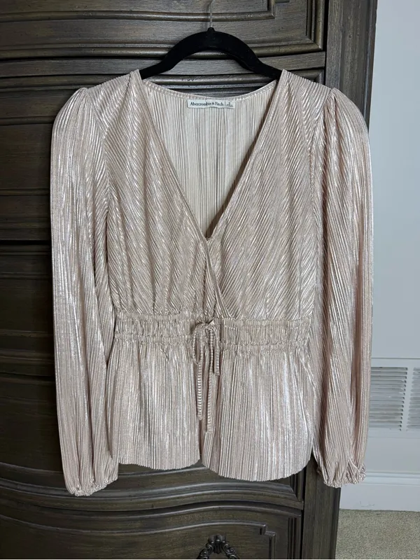 Abercrombie & Fitch Shimmery Rose Gold Pleated Wrap Top - Image 4