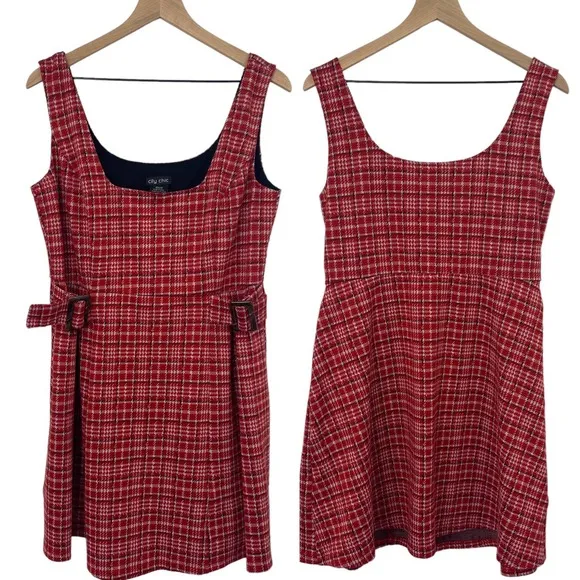 City Chic Mini Dress Herringbone Plaid Knit Square Neck Red Black Womens 12 - Image 2