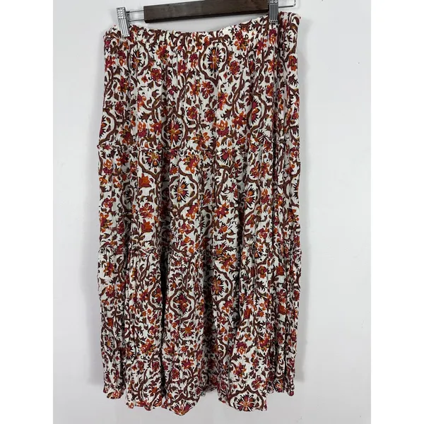 Cynthia Rowley Tiered Midi Skirt Womens Large Orange Floral Boho Cottage Crinkle - Image 3