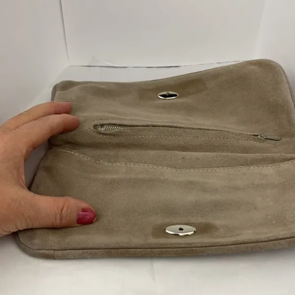 Vintage Montgomery Ward taupe suede fold over clutch. - Image 5