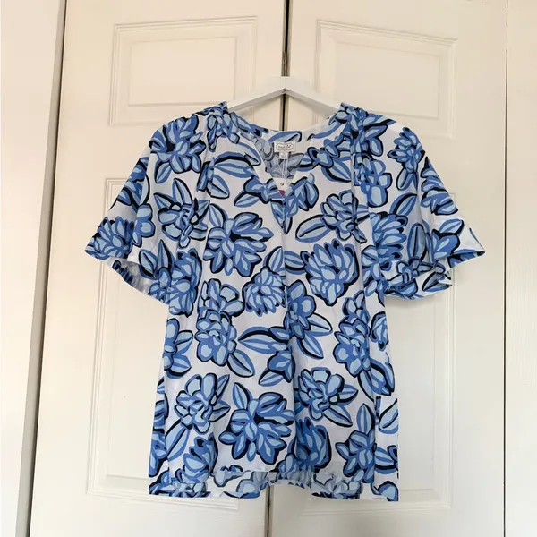 NWT Mud Pie Anderson Top Cotton Boxy Blouse Blue White Floral Size Small - Image 6