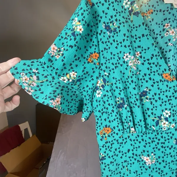 Bebop Floral Midi Dress‎ L XL Flutter Sleeve Babydoll Cottagecore Smocked Green - Image 6