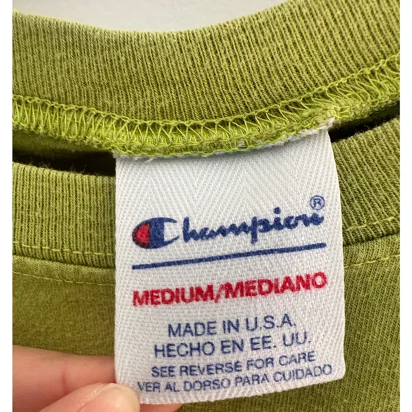 Champion Vintage 90s T-Shirt Size Medium Green Logo Made USA Y2K Boxy Chartreuse - Image 3