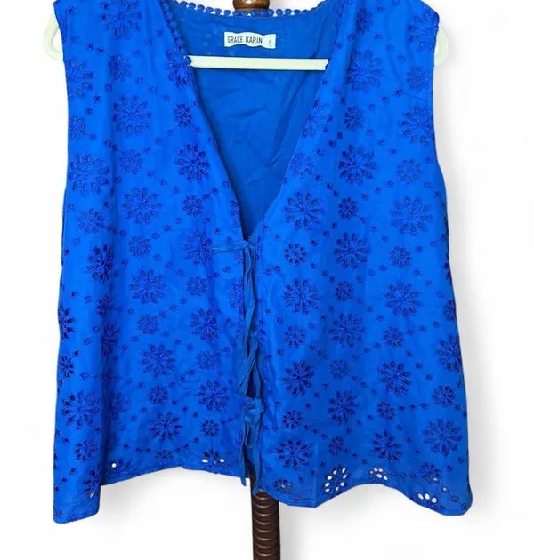 Boho ✨Royal Blue Lace Eyelet Bow Tie Vest Tank Top 2XL 💙 🎀 - Image 6