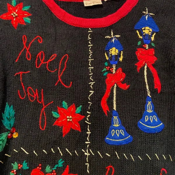 VTG 80s Bobbie Brooks Size S Vintage Holiday Sweater Black Embroidered Peace - Image 5