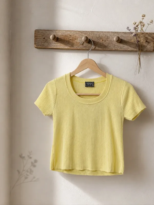 Women's Short Sleeve Ribbed Mom Crop Tee in Yellow - Image 2