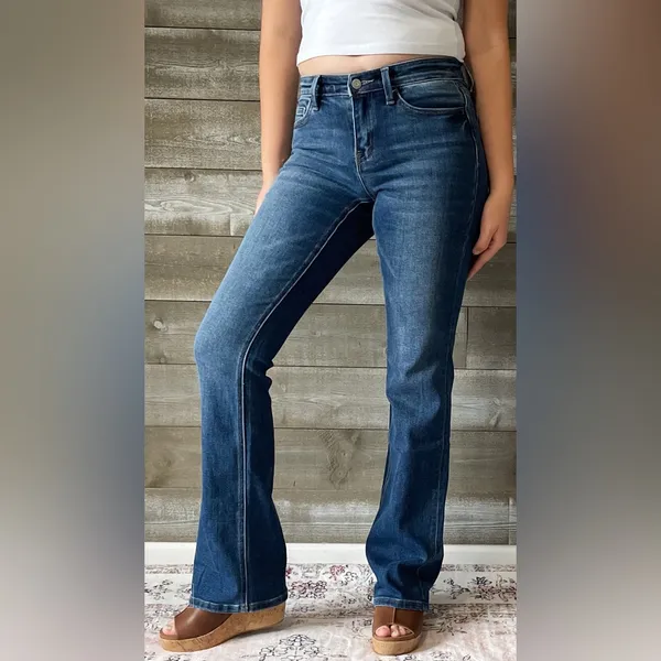 vervet denim mid rise relaxed long bootcut jeans revere dark wash T6136 - Image 2