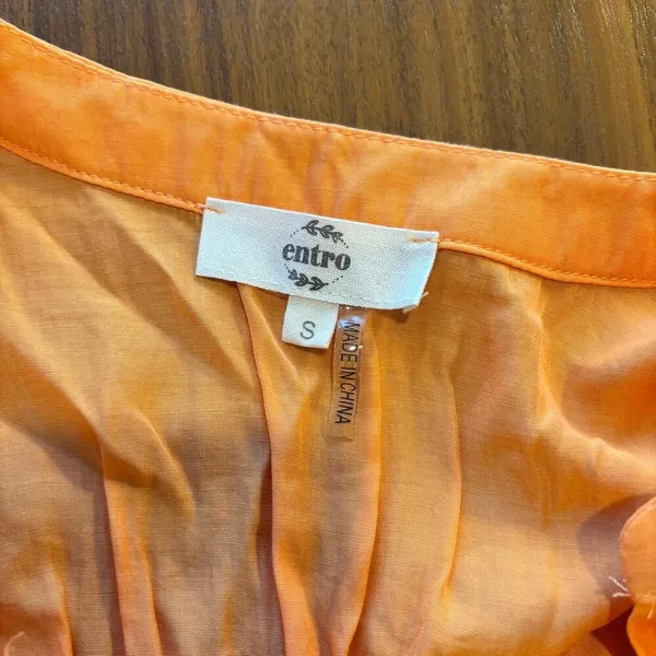 Entro Bright Apricot Orange Puff Sleeve Blouse Button Front Semi Sheer Size S - Image 3