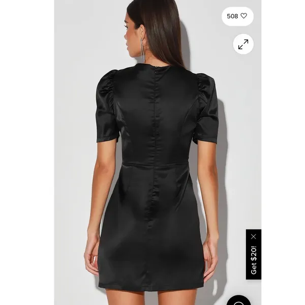 Lulus Black Ecstatic Evening Satin Puff Sleeve Ruched Mini Dress Small LBD - Image 2