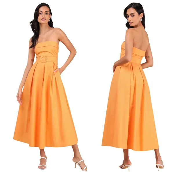 Lulus Trendsetting Choice Orange Strapless Midi Dress With Pockets size L NWT - Image 2