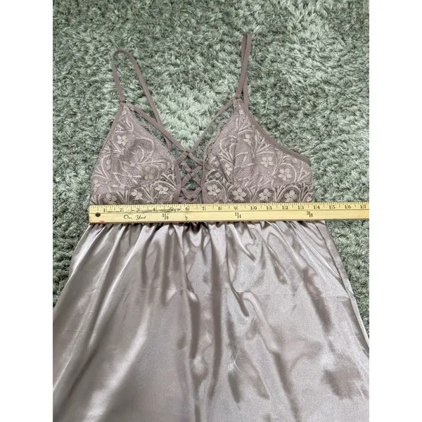 Women's Satin Chemise Nightgown Lace Lattice Strappy Slip Dress Mauve Size M - Image 11