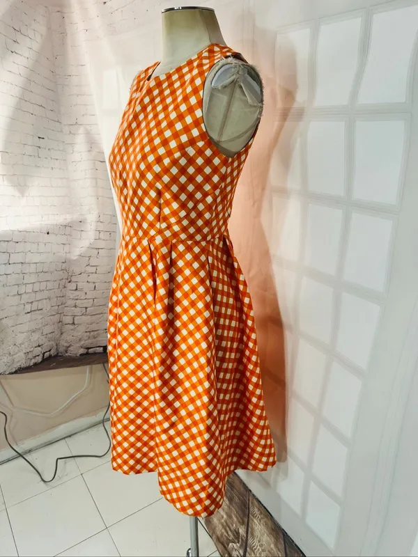 Kate Spade Orange White Plaid Tallulah Gingham Silk Blend Sleeveless Dress Sz 6 - Image 3
