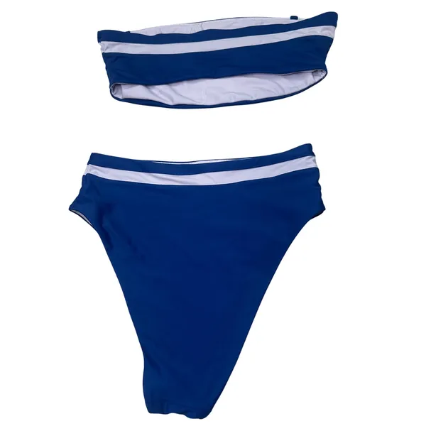 Aerie high cut cheeky bikini bottom bandeau top‎ blue beach white large medium - Image 4