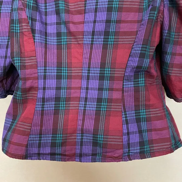 Zara Plaid Puff Sleeve Blouse‎ Women Size Medium Purple Red V-Neck Button Front - Image 9