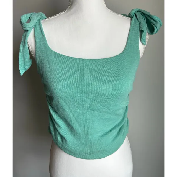 Free People Aqua Blue Tie Up Bow Tank Gathered Top Beachy Boho Size Medium - Image 3