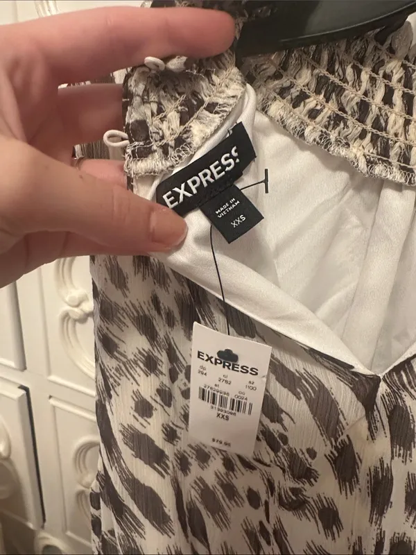 Express Brown and Cream Smocked Neck Animal Print Dress - Image 2