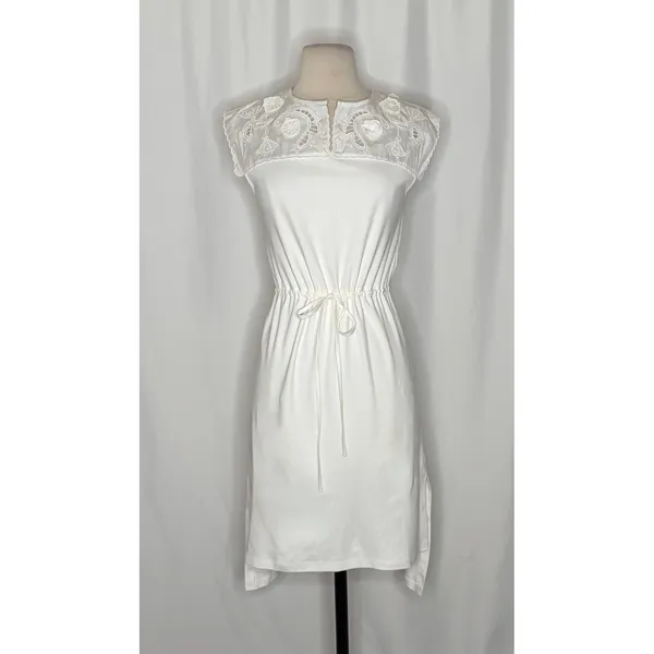 SEE BY CHLOÉ White Embroidered Lace Cutwork Yoked Knit Dress Solid Size Small - Image 2