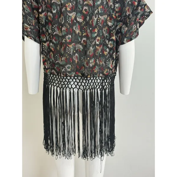 Forever 21 Women’s Sheer Kimono Cardigan Black Embroidered Fringe Boho Festival Size S - Image 7