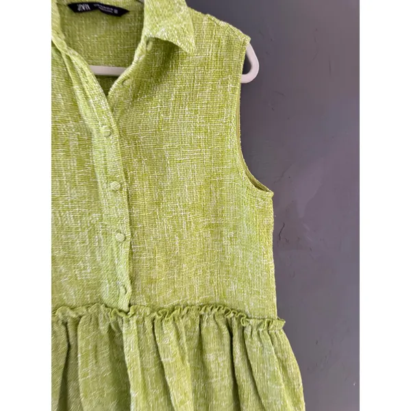 Zara Women Lime Green Textured Tweed Sleeveless Peplum Button Down Tunic Top M - Image 2