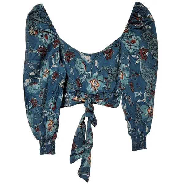 Band of the Free Floral Milkmaid Crop Top Womens Size XS Teal Boho‎ Puff Sleeve - Image 2