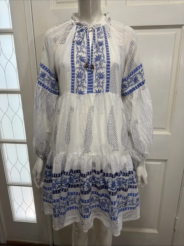 Oliphant 100% Cotton Balloon Sleeve Short Dress | Santorini Blue | Size XS💙 - Image 3