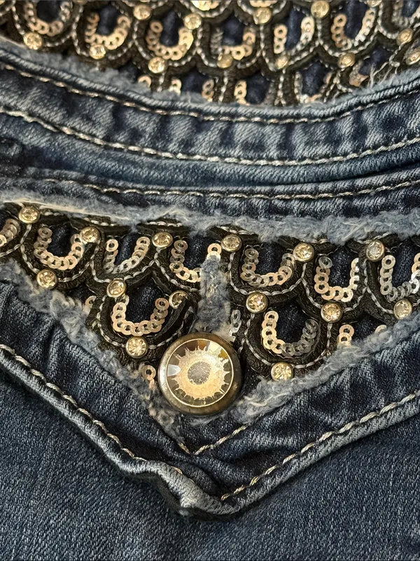 MISS ME Signature Rise 2000s Y2K Embellished Glitzy Sparkly Skinny Jeans 27 - Image 5