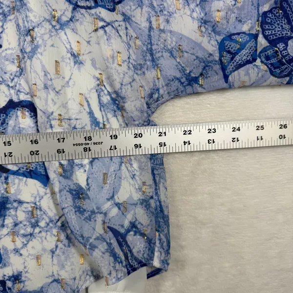 White House Black Market Blue Floral Batik Poncho Blouse Gold Lurex Medium - Image 3