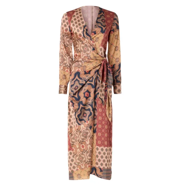 MISA Los Angeles Multicolor Elixa Satin Patchwork Wrap Midi Dress Size Small - Image 2