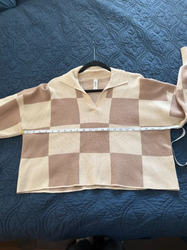 Mahina COlor Block Neutral Crop Collared Sweater Top Size Small Check - Image 8