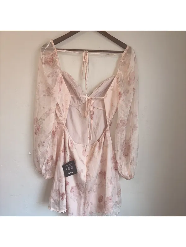 NWT Lulus Lovely Poise Light Pink Floral Tie-Back Long Sleeve Mini Dress Size M - Image 6