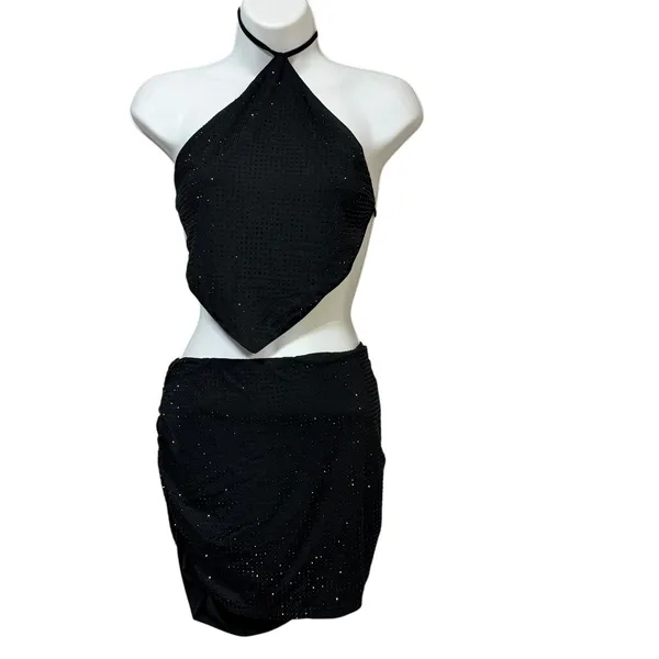 Edikted Black Rhinestone Handkerchief Halter Top & Ruched Mini Skirt Set Size M - Image 3