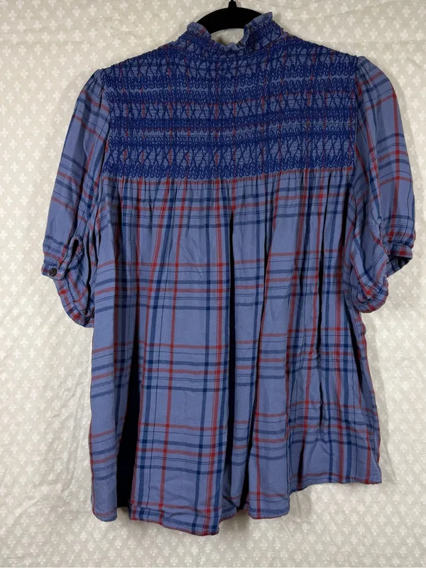 Anthropologie Maeve Blue Lise Plaid Smocked Button‎ Up Top - Image 6
