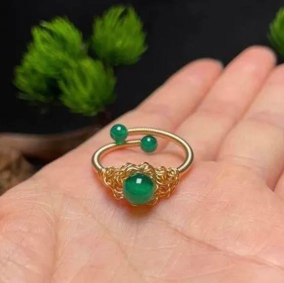 18K Gold Plated Green Agate Jewelry Set,Agate Beaded Charm Bracelet,Crystal Agate Ring(2pcs/set) - Image 3