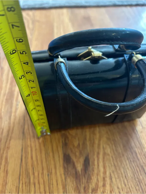 MCM Mini Patent Leather Satchel in Black with Gold Hardware - Image 10