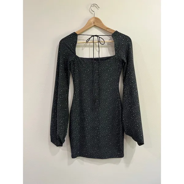 Lucy In The Sky Black Rhinestone‎ Puff Sleeve Bodycon Mini Dress Small - Image 2