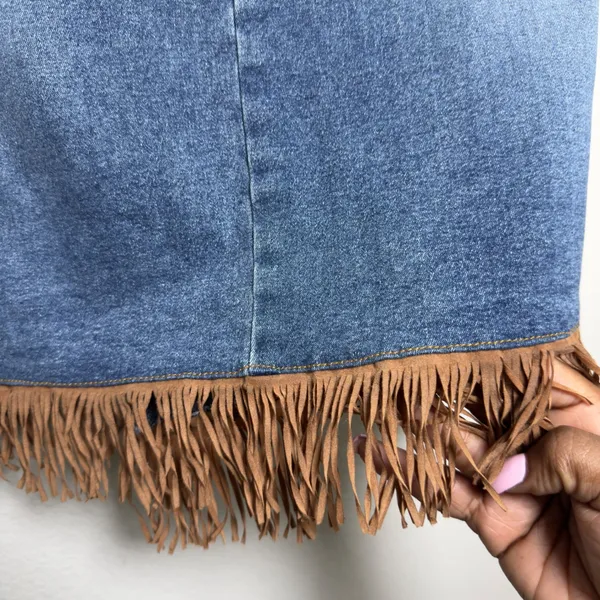 Women VTG y2k Blue Denim Asymmetrical Skirt with‎ Brown Faux Suede Fringe Hem - Image 4
