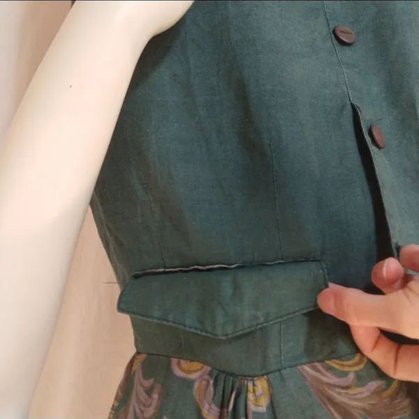 Vintage 80s Dress Linen Dress Green Pencil Skirt Floral‎ Short Sleeves Button-Up - Image 14